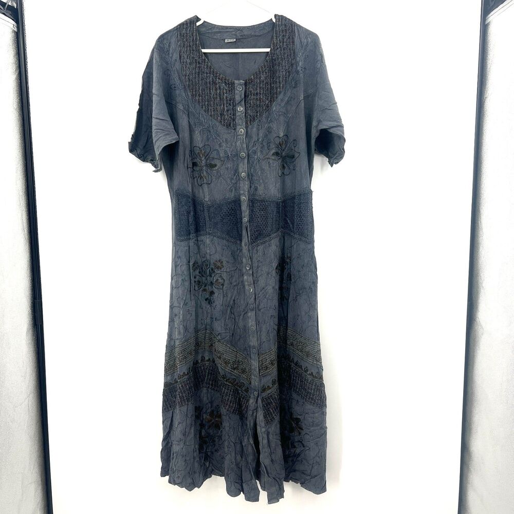 Boho Acid Wash Embroidered Maxi Dress Gray Rayon India Hippie Peasant Button
